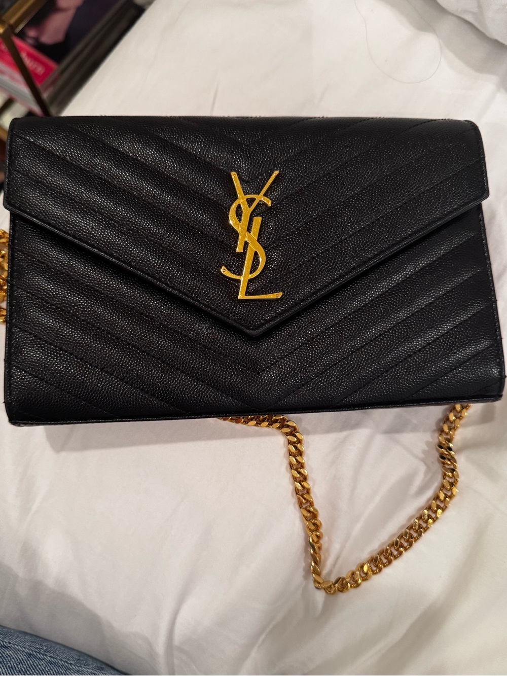 Saint Laurent Black Quilted Envelope Crossbody with Gold Hardware